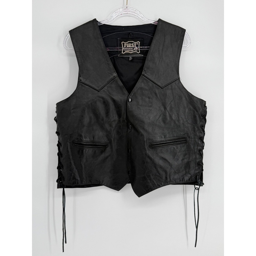 First‎ Genuine Leather Mens XL Black US Marines Embossed Eagle Flag Biker Vest